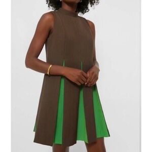 NWT Tuckernuck Brown Green Demitasse Griffiths Pleated Sleeveless Dress - XSmall
